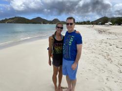 Deb and brother Dan at Jolly Harbor beach, Antigua